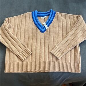Madewell tan Sweater with Blue Striped V-Neck
